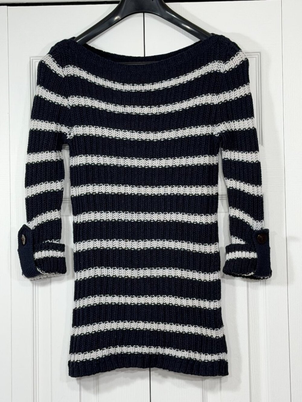 Tory Burch Striped Ribbed Knit Sweater, Navy & Ivory